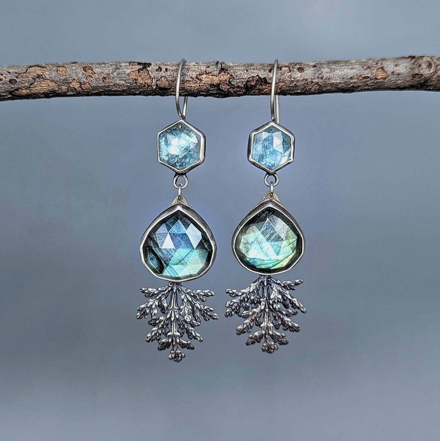 Kyanite and labradorite earrings with sterling evergreens