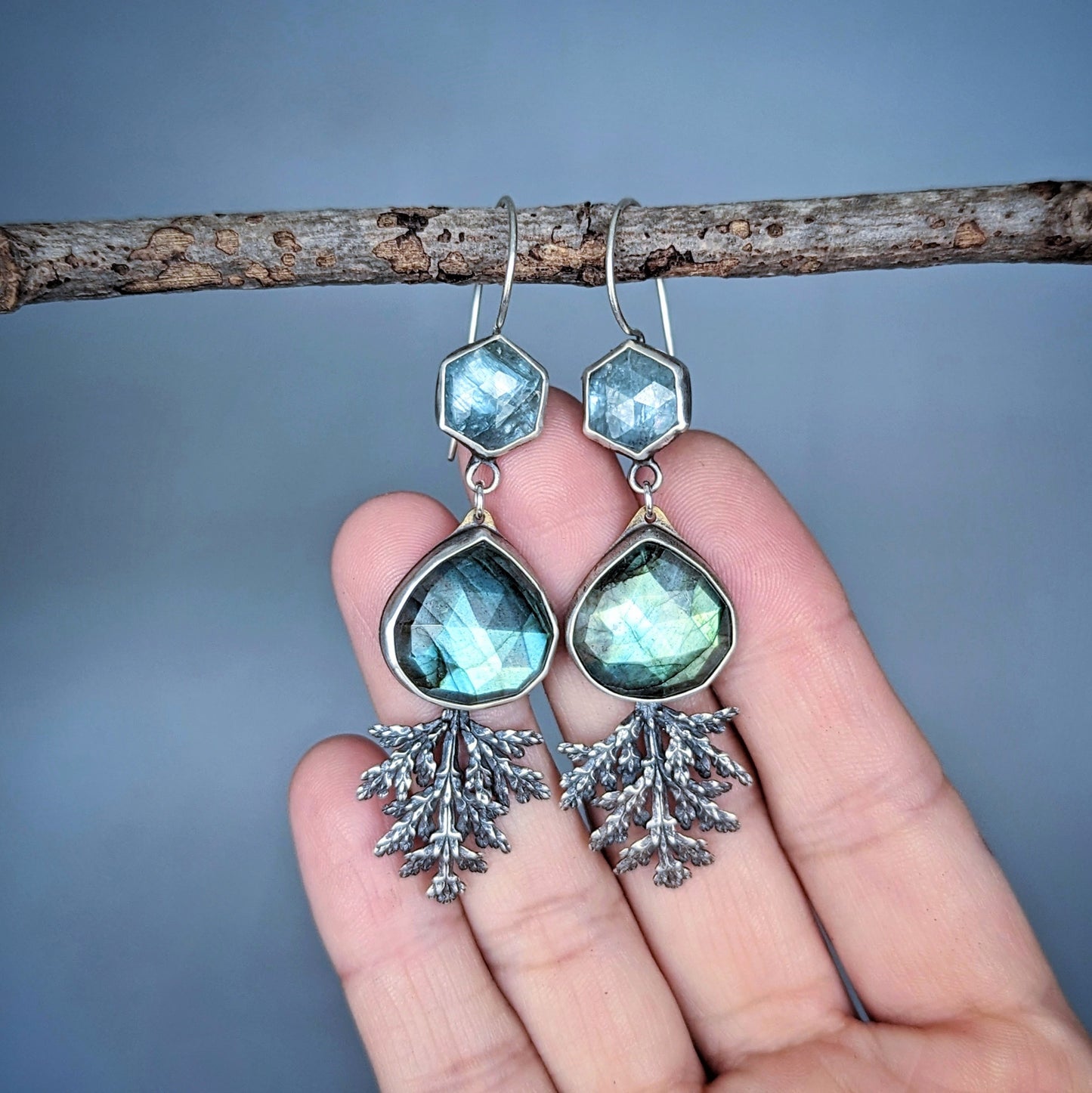 Kyanite and labradorite earrings with sterling evergreens