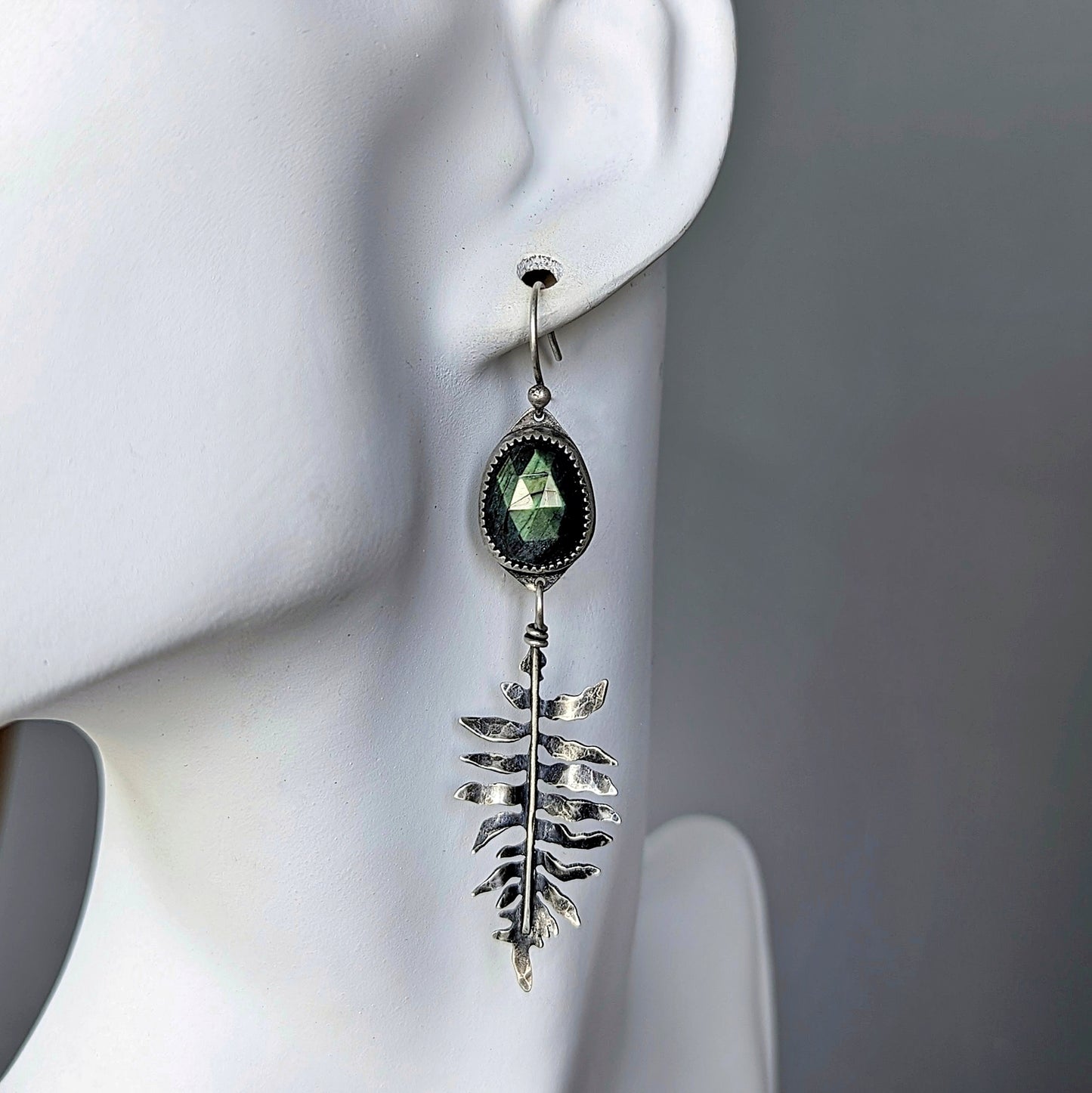 Rare green faceted labradorite and sterling silver fern botanical earrings