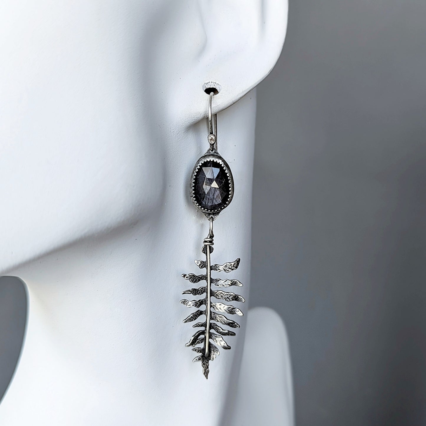 Artisan sterling silver fern and gray sapphire earrings