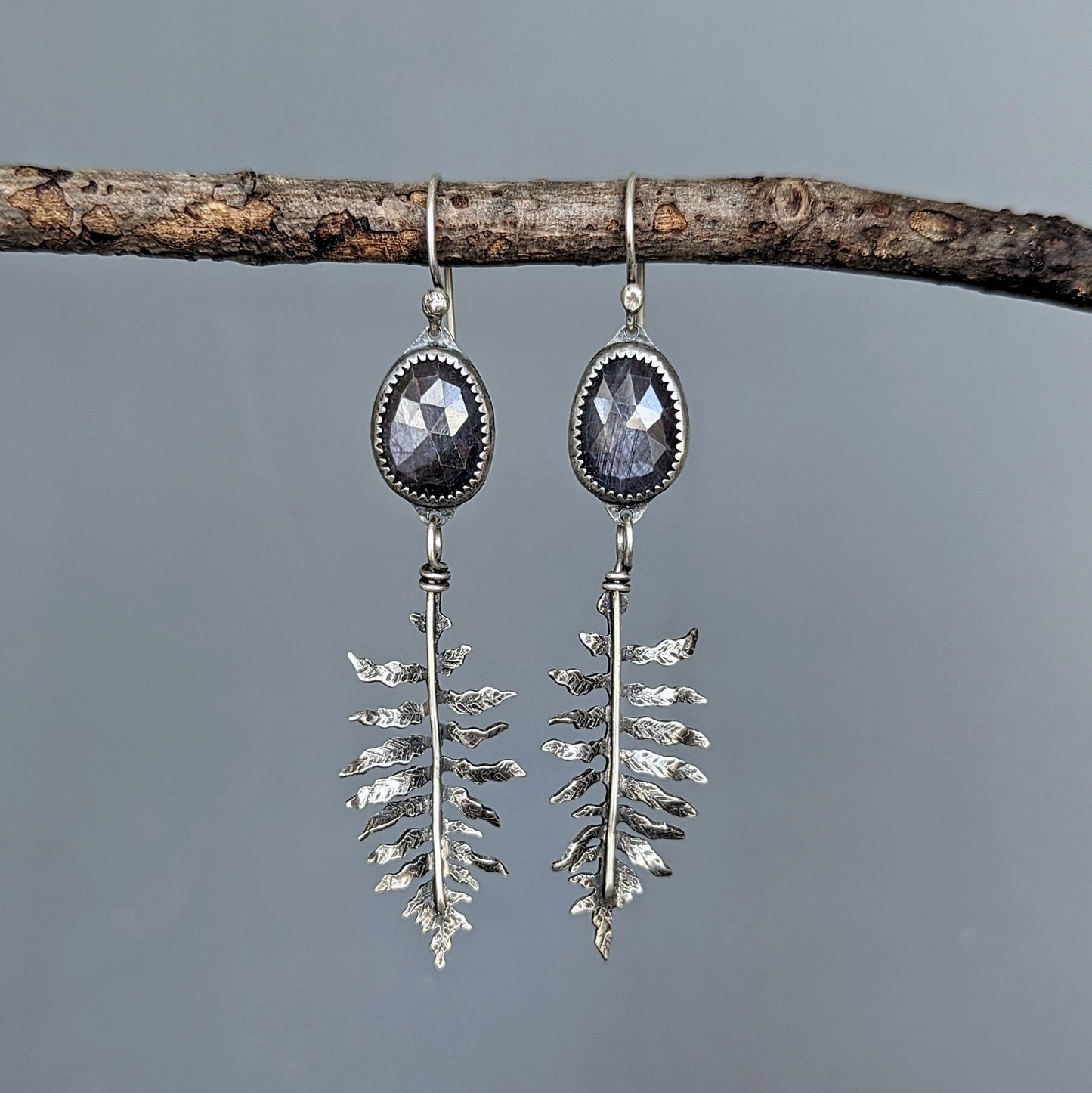 Artisan sterling silver fern and gray sapphire earrings