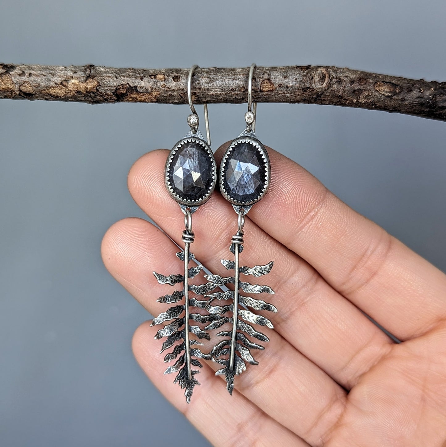 Artisan sterling silver fern and gray sapphire earrings