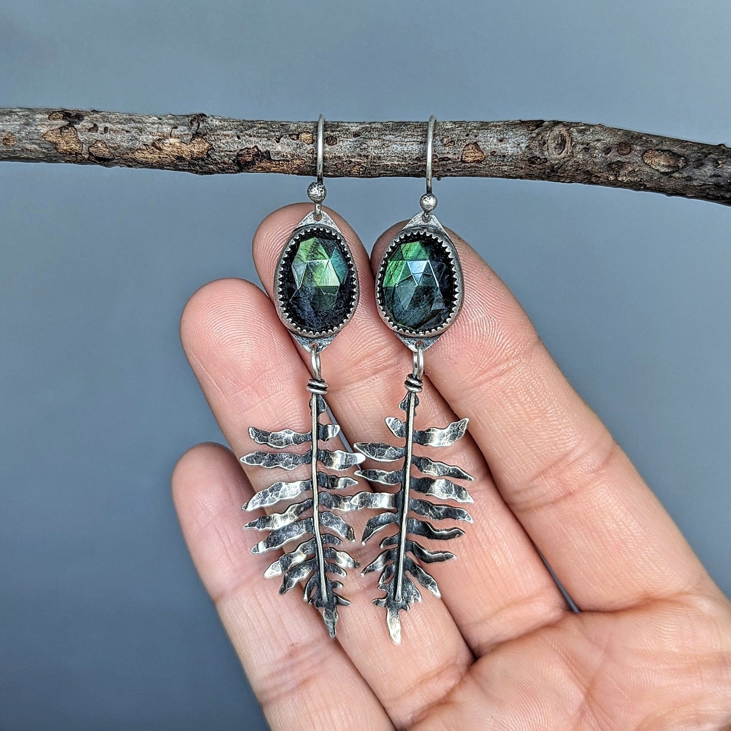 Rare green faceted labradorite and sterling silver fern botanical earrings