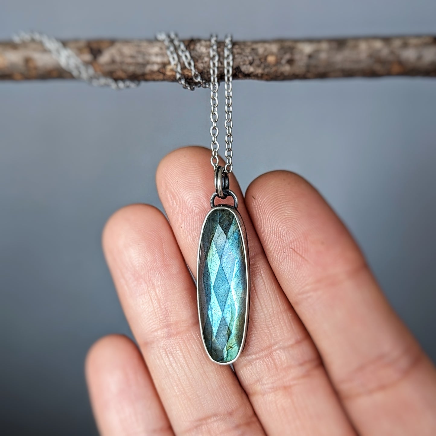 Faceted labradorite botanical sterling silver necklace