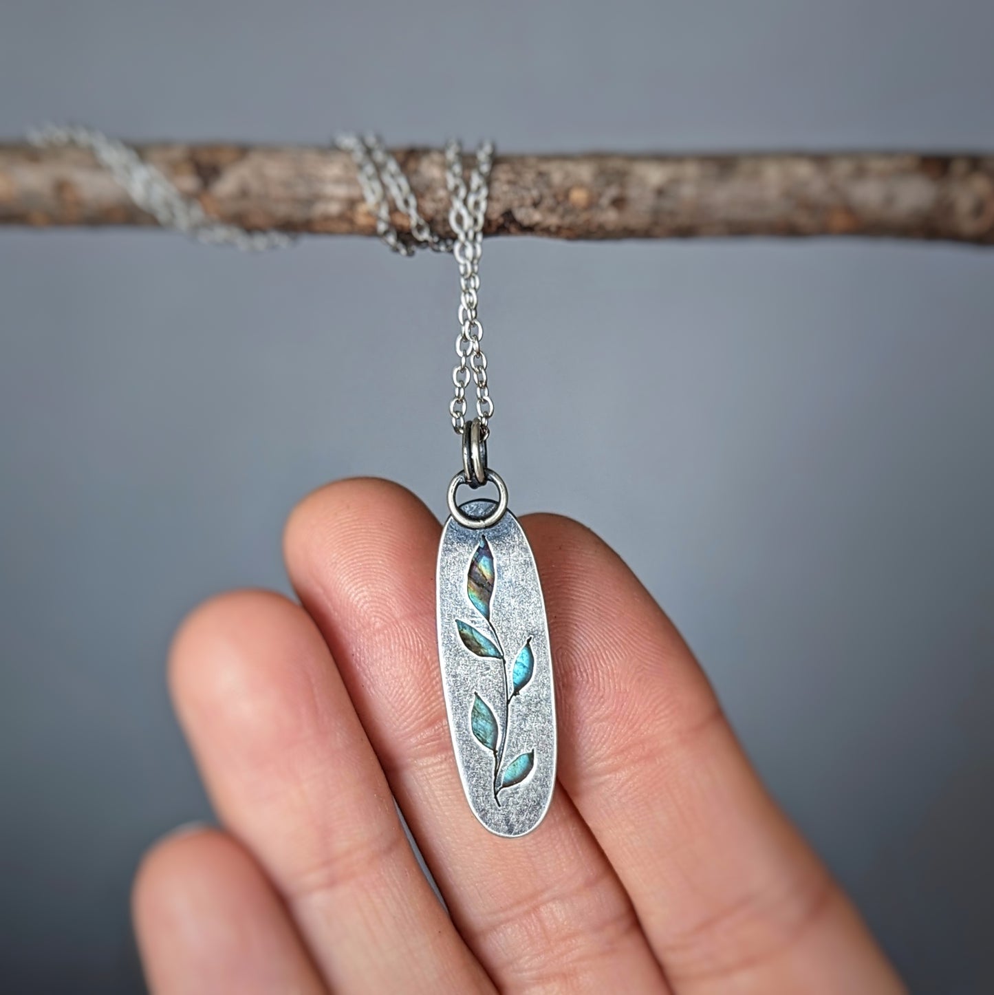 Faceted labradorite botanical sterling silver necklace