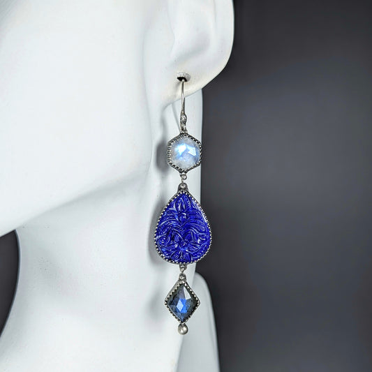 Bijoux Ensemble: Sterling Silver Gemstone Cascade Artisan Earrings with Carved Lapis, Moonstone, and Labradorite