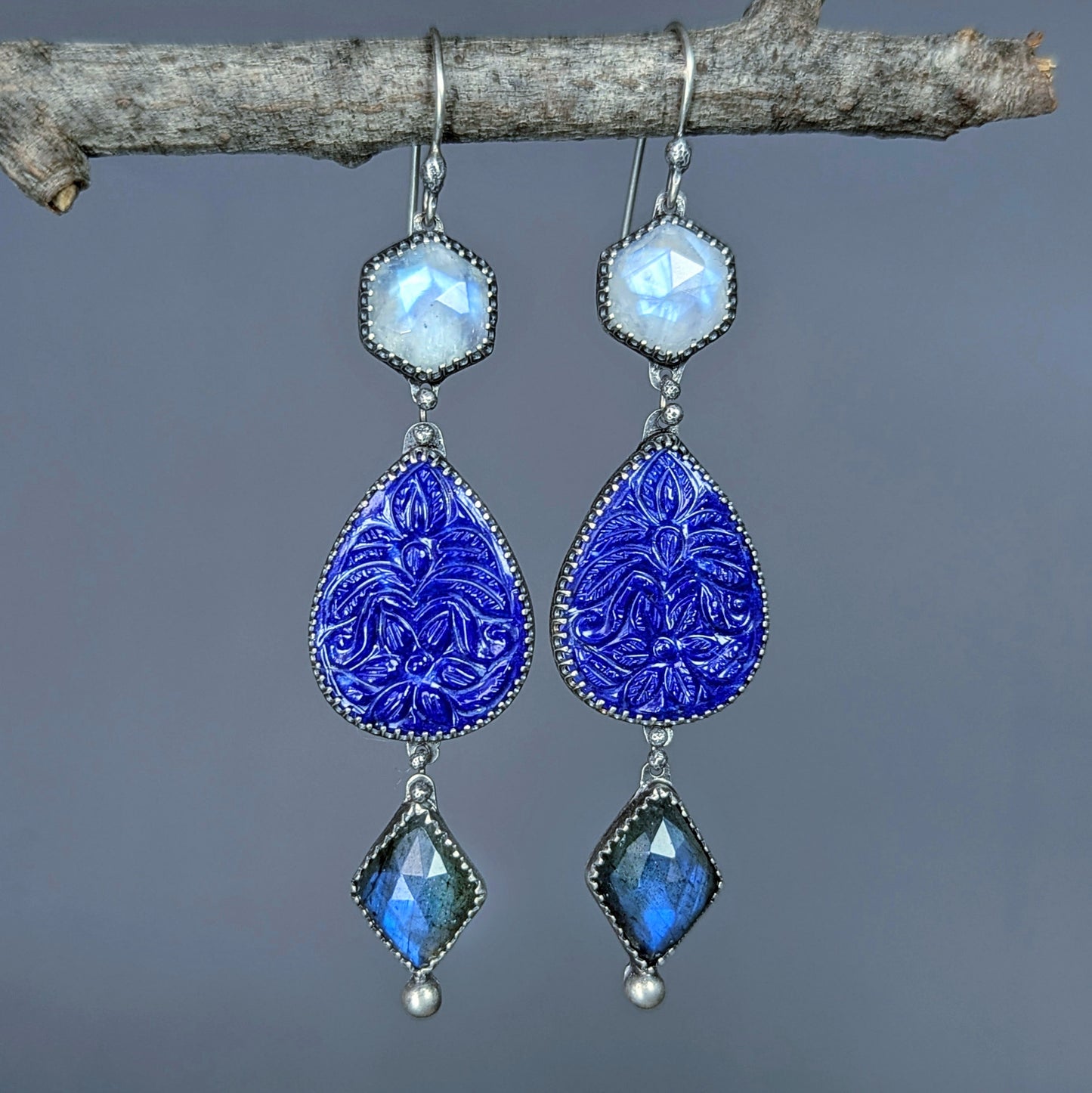 Bijoux Ensemble: Sterling Silver Gemstone Cascade Artisan Earrings with Carved Lapis, Moonstone, and Labradorite