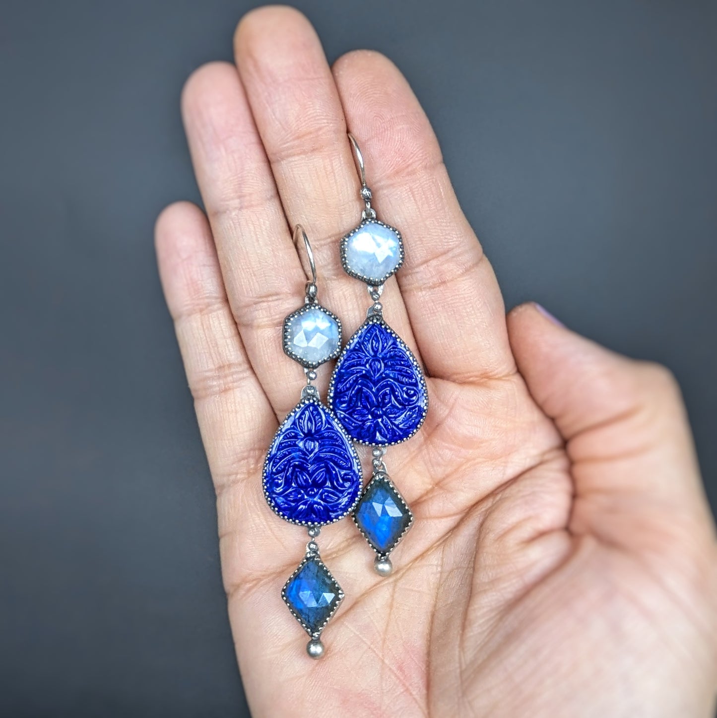 Bijoux Ensemble: Sterling Silver Gemstone Cascade Artisan Earrings with Carved Lapis, Moonstone, and Labradorite