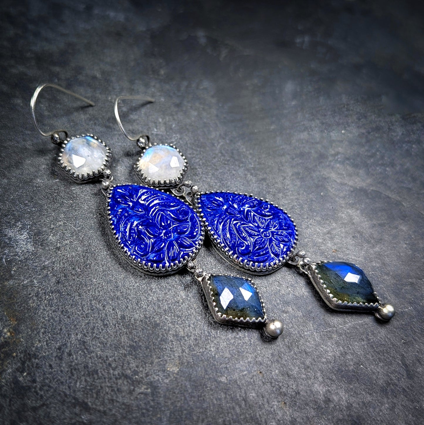 Bijoux Ensemble: Sterling Silver Gemstone Cascade Artisan Earrings with Carved Lapis, Moonstone, and Labradorite