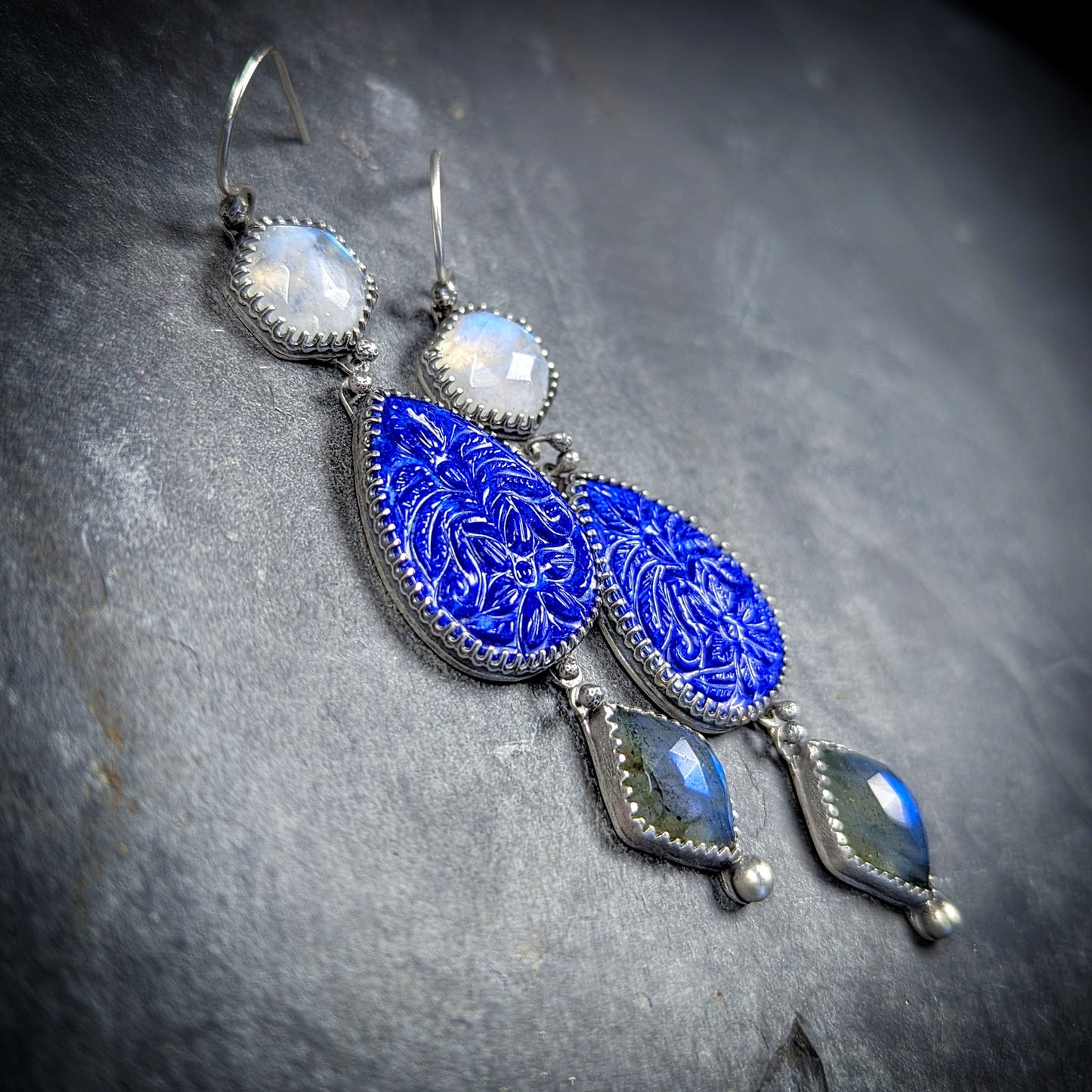 Bijoux Ensemble: Sterling Silver Gemstone Cascade Artisan Earrings with Carved Lapis, Moonstone, and Labradorite