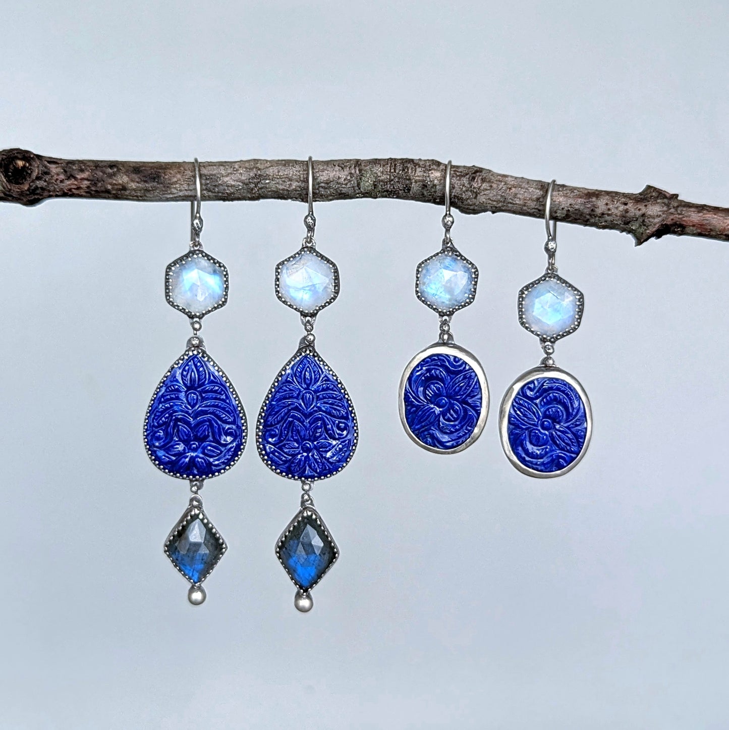 Bijoux Ensemble: Sterling Silver Gemstone Cascade Artisan Earrings with Carved Lapis, Moonstone, and Labradorite