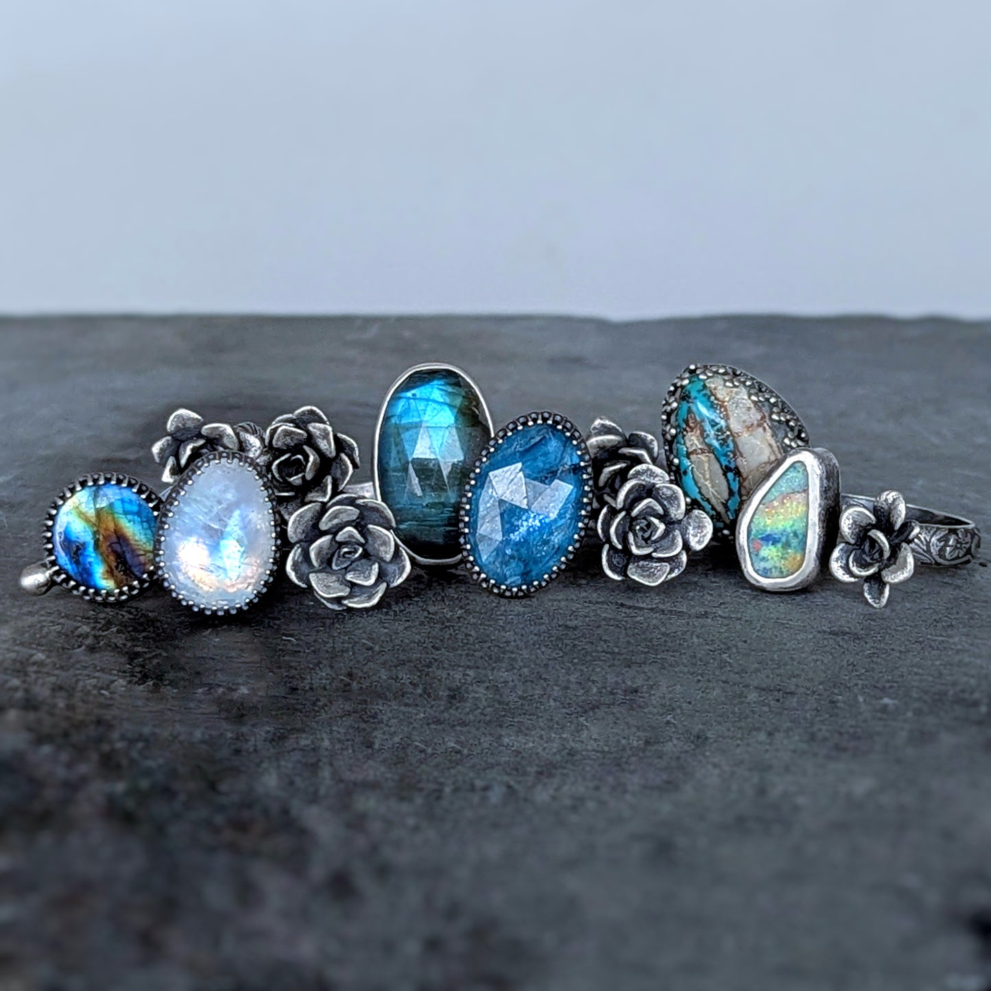Gemmaflora Collection: Blue Labradorite and Succulent Sterling Silver Open Band Ring