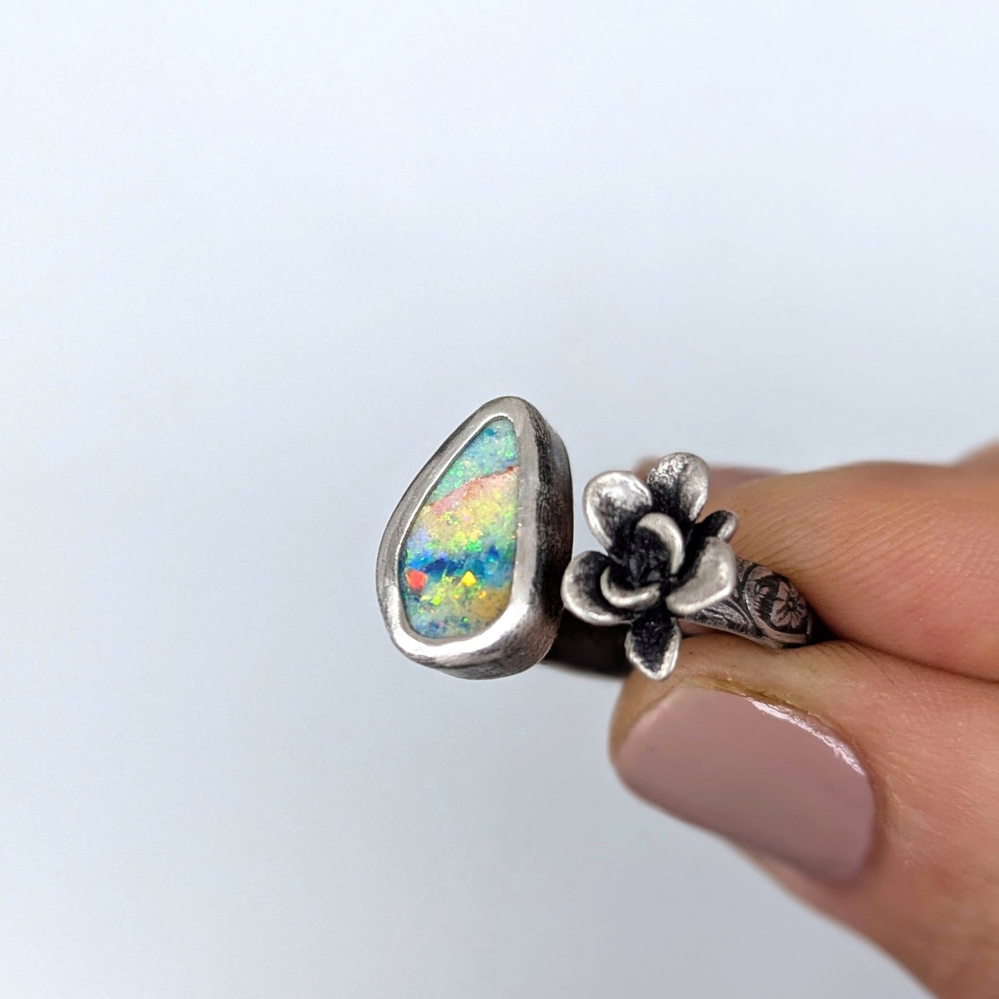 Gemmaflora Collection: Australian Opal and Cast Succulent Sterling Silver Open Band Ring