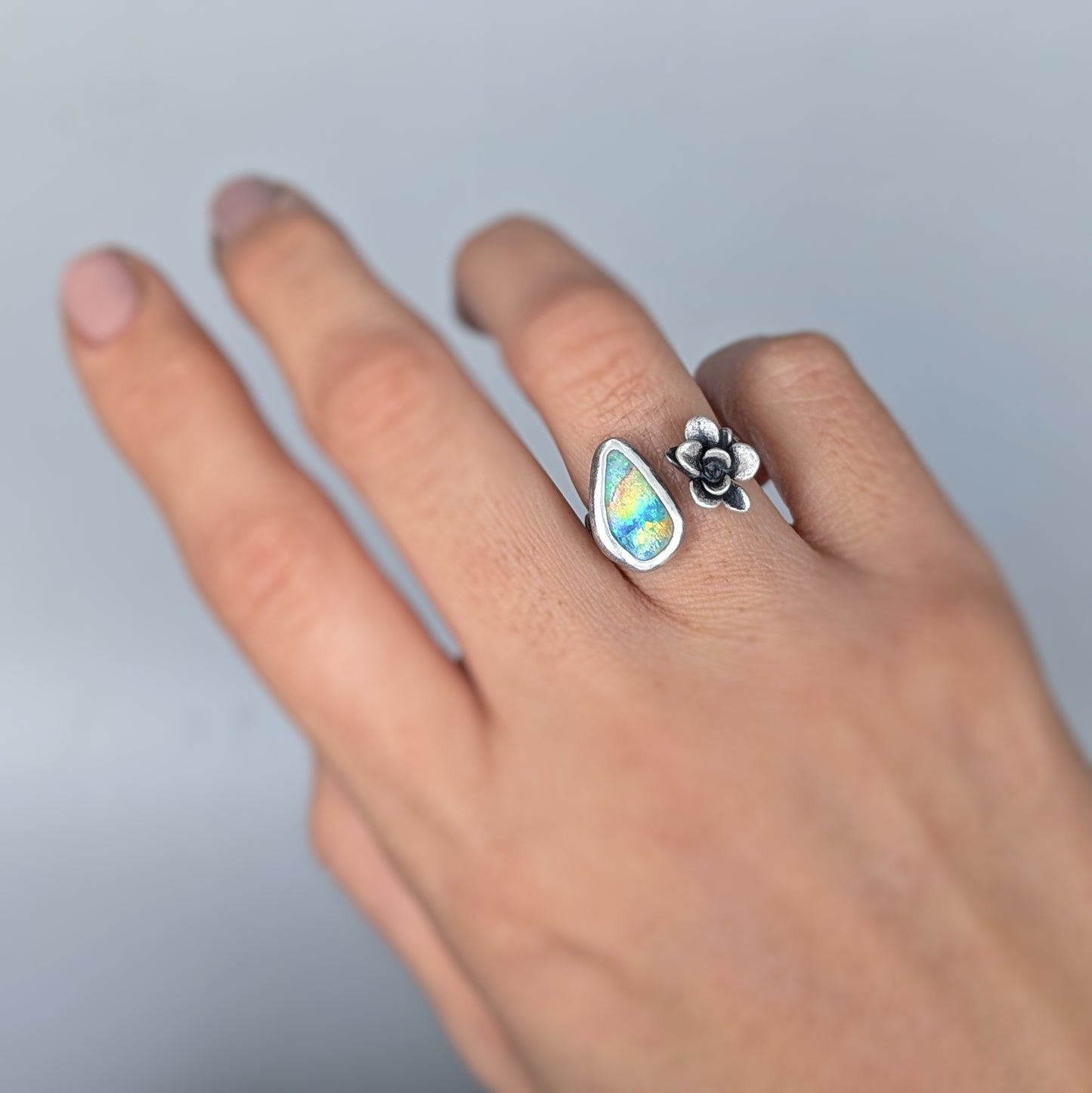 Gemmaflora Collection: Australian Opal and Cast Succulent Sterling Silver Open Band Ring