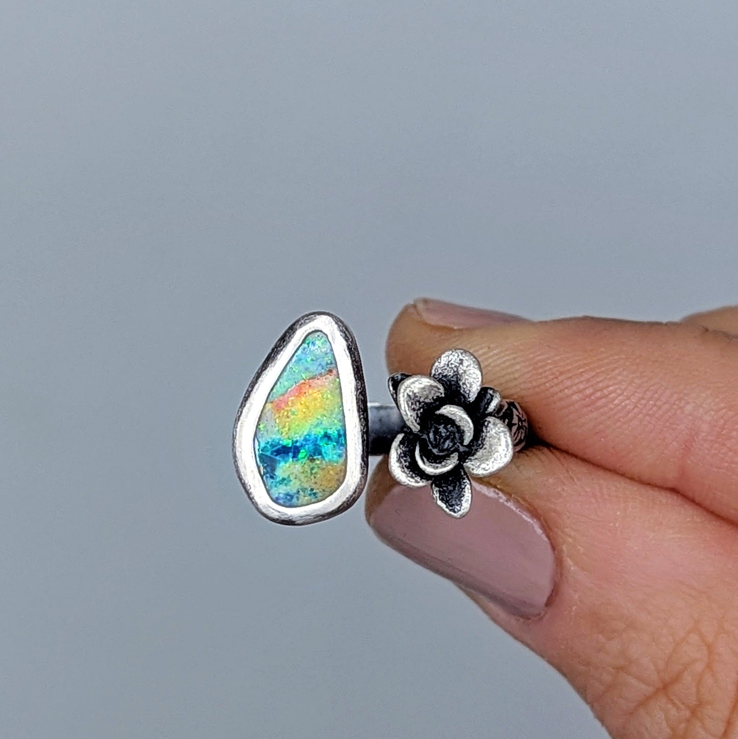Gemmaflora Collection: Australian Opal and Cast Succulent Sterling Silver Open Band Ring