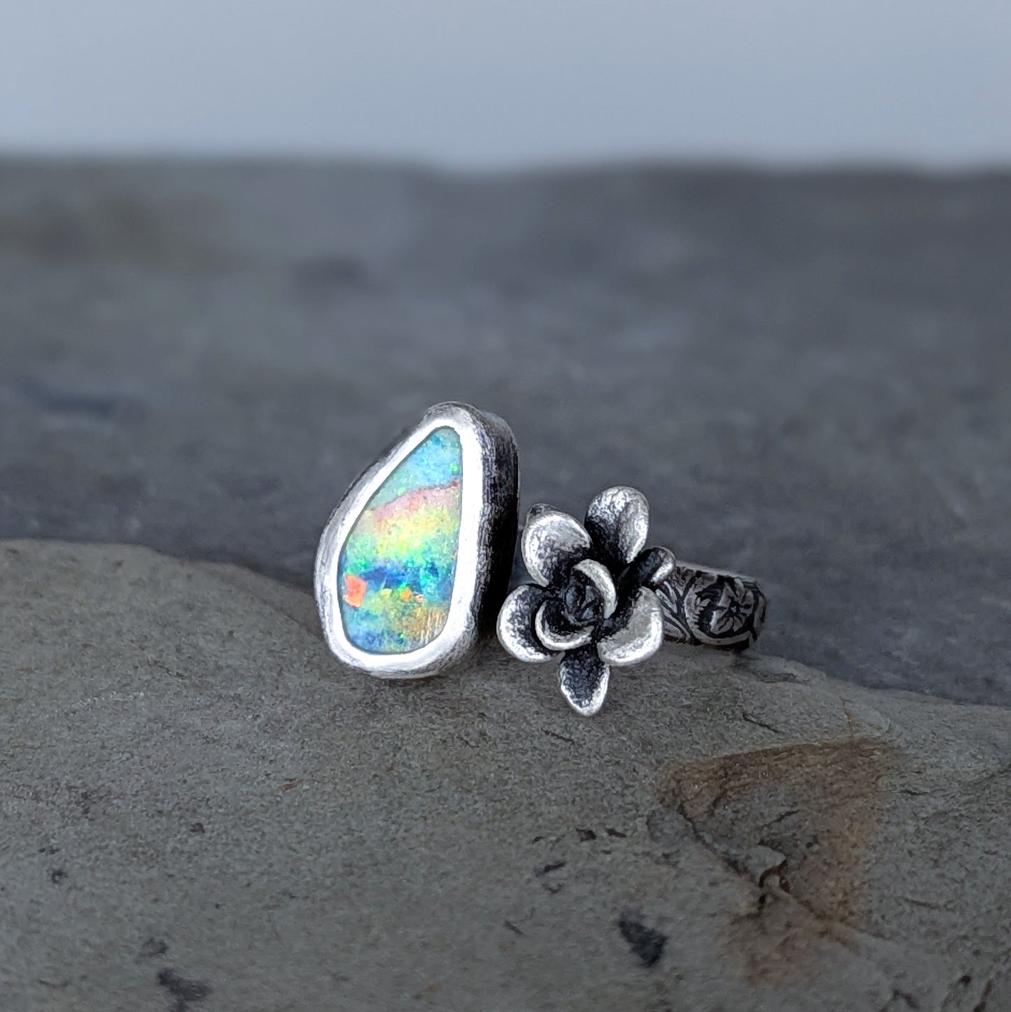 Gemmaflora Collection: Australian Opal and Cast Succulent Sterling Silver Open Band Ring