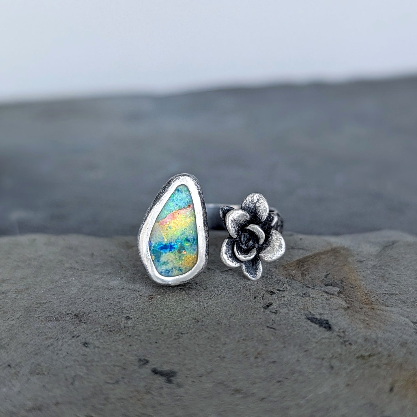 Gemmaflora Collection: Australian Opal and Cast Succulent Sterling Silver Open Band Ring