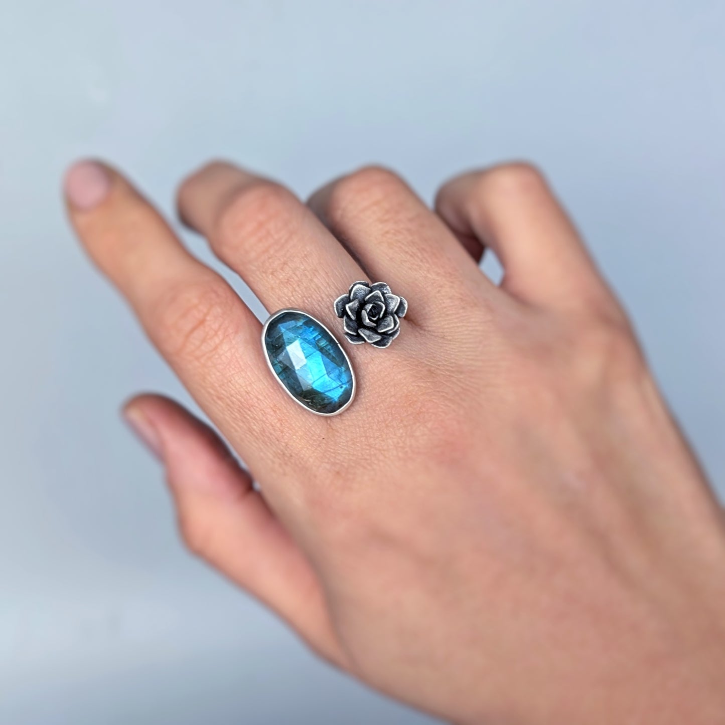 Gemmaflora Collection: Blue Labradorite and Succulent Sterling Silver Open Band Ring