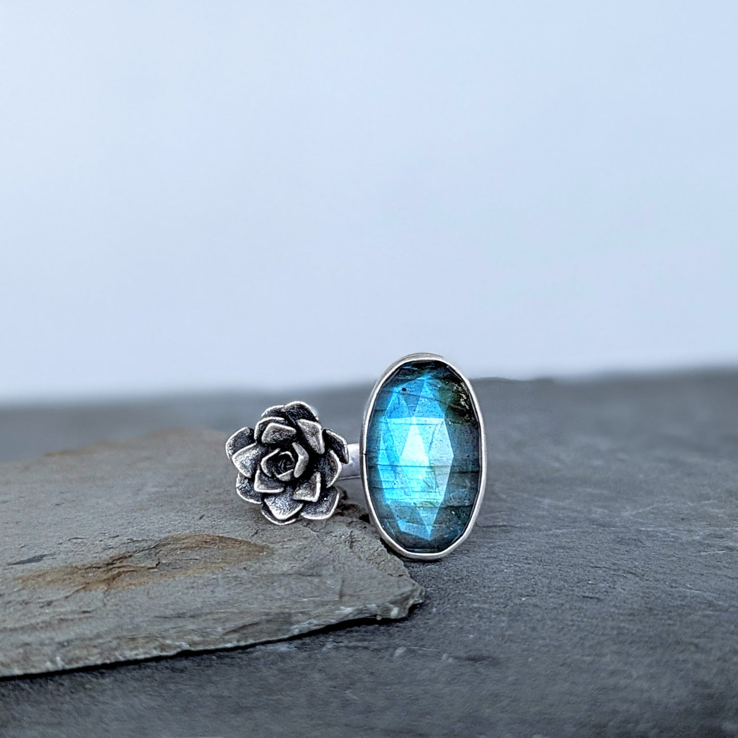 Gemmaflora Collection: Blue Labradorite and Succulent Sterling Silver Open Band Ring