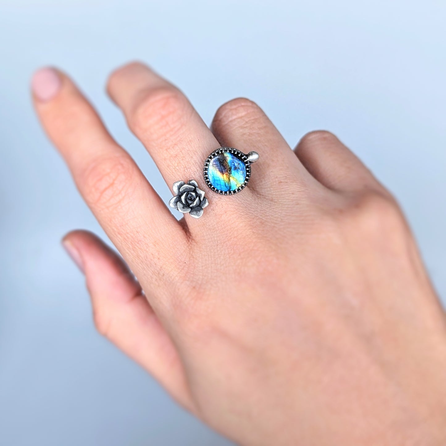 Gemmaflora Collection: Rare Rainbow Labradorite and Cast Succulent Sterling Silver Open Band Ring