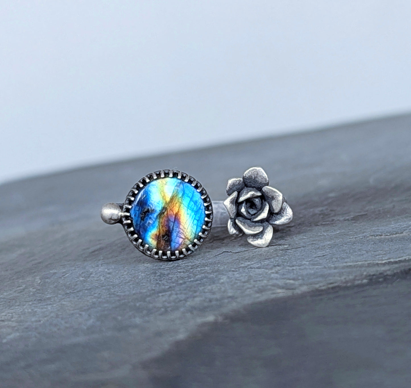 Gemmaflora Collection: Rare Rainbow Labradorite and Cast Succulent Sterling Silver Open Band Ring