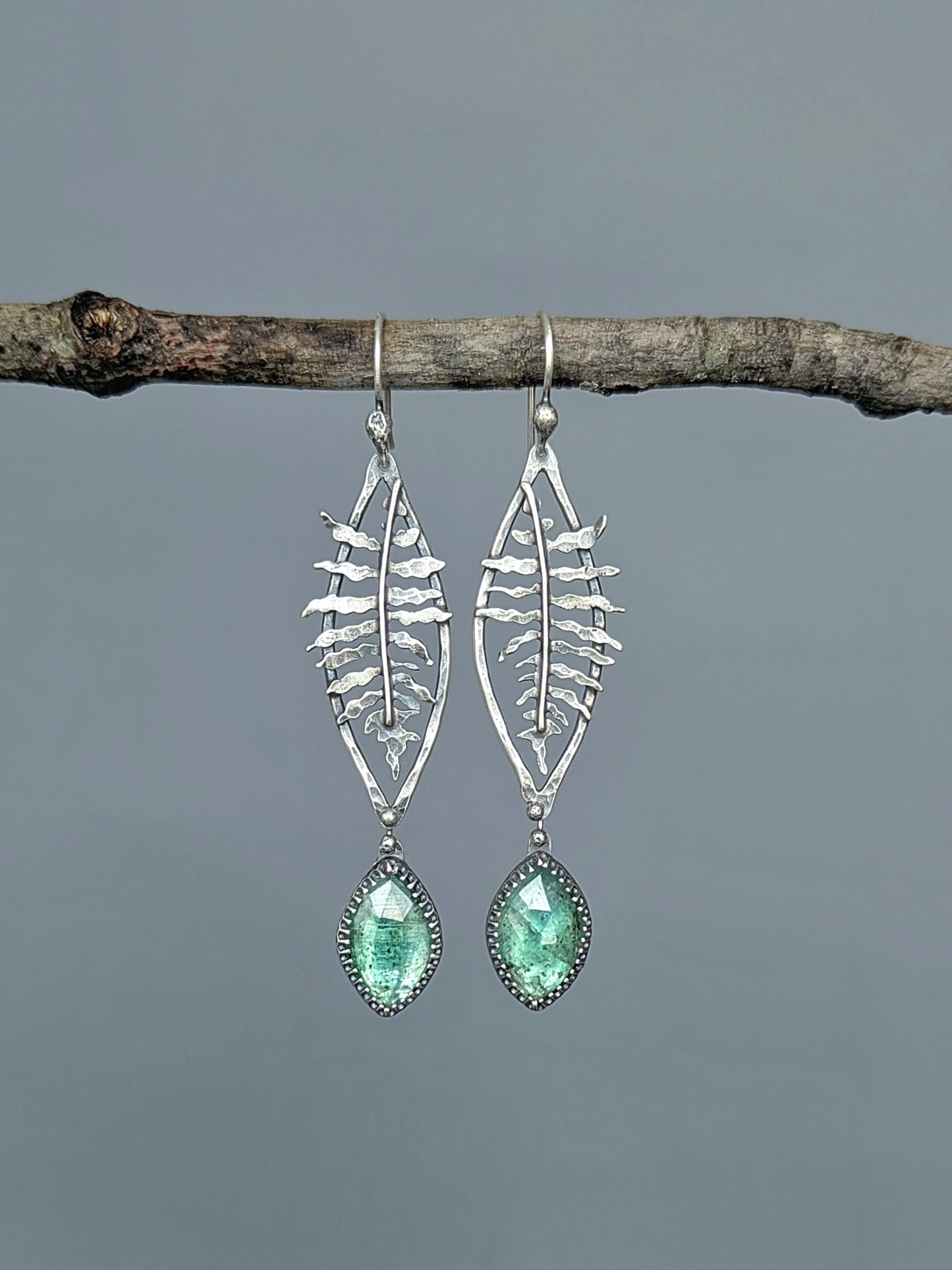 Artisan sterling silver fern and rare green kyanite earrings