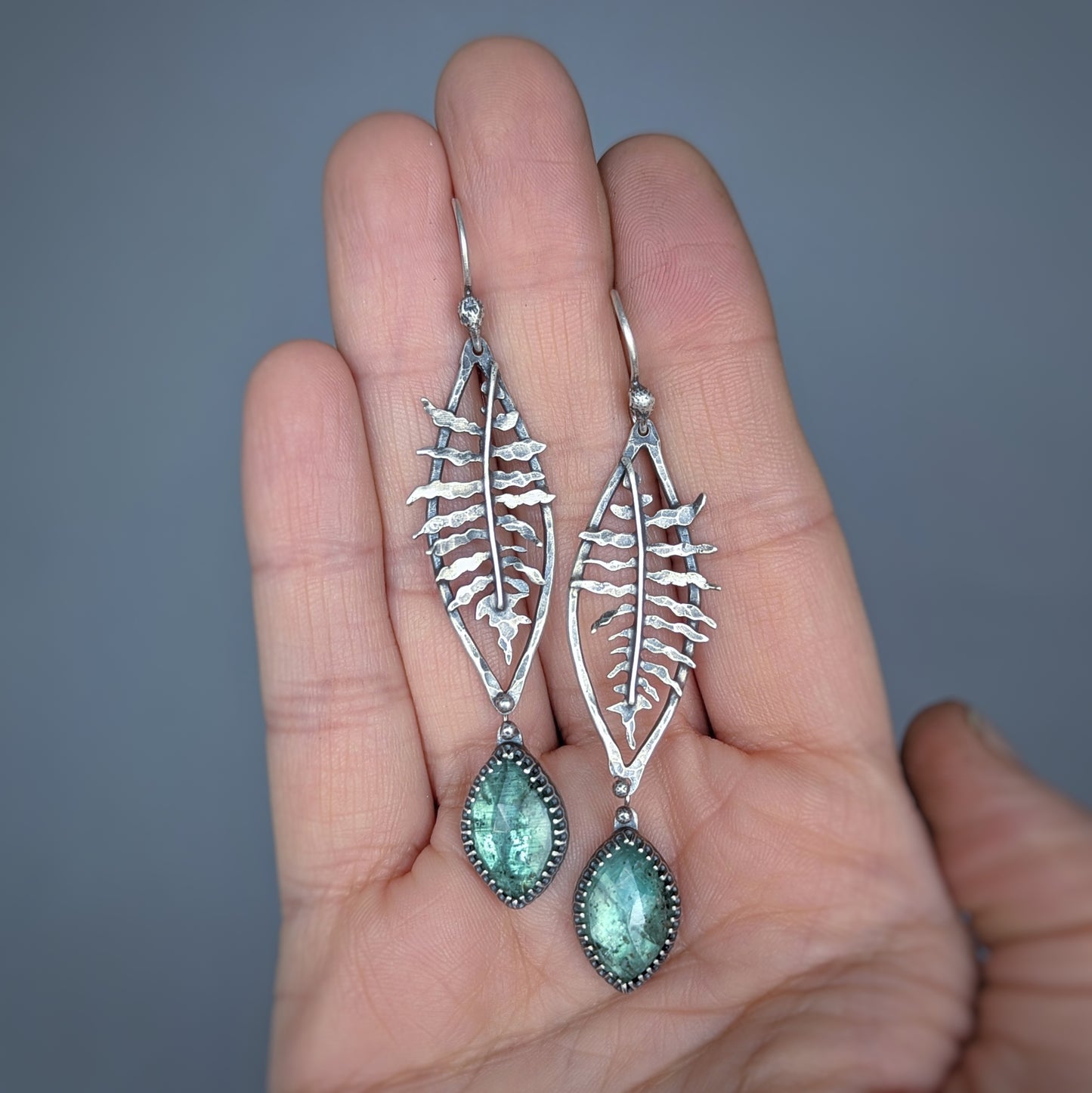 Artisan sterling silver fern and rare green kyanite earrings