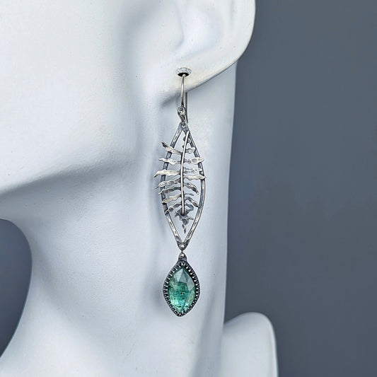 Artisan sterling silver fern and rare green kyanite earrings