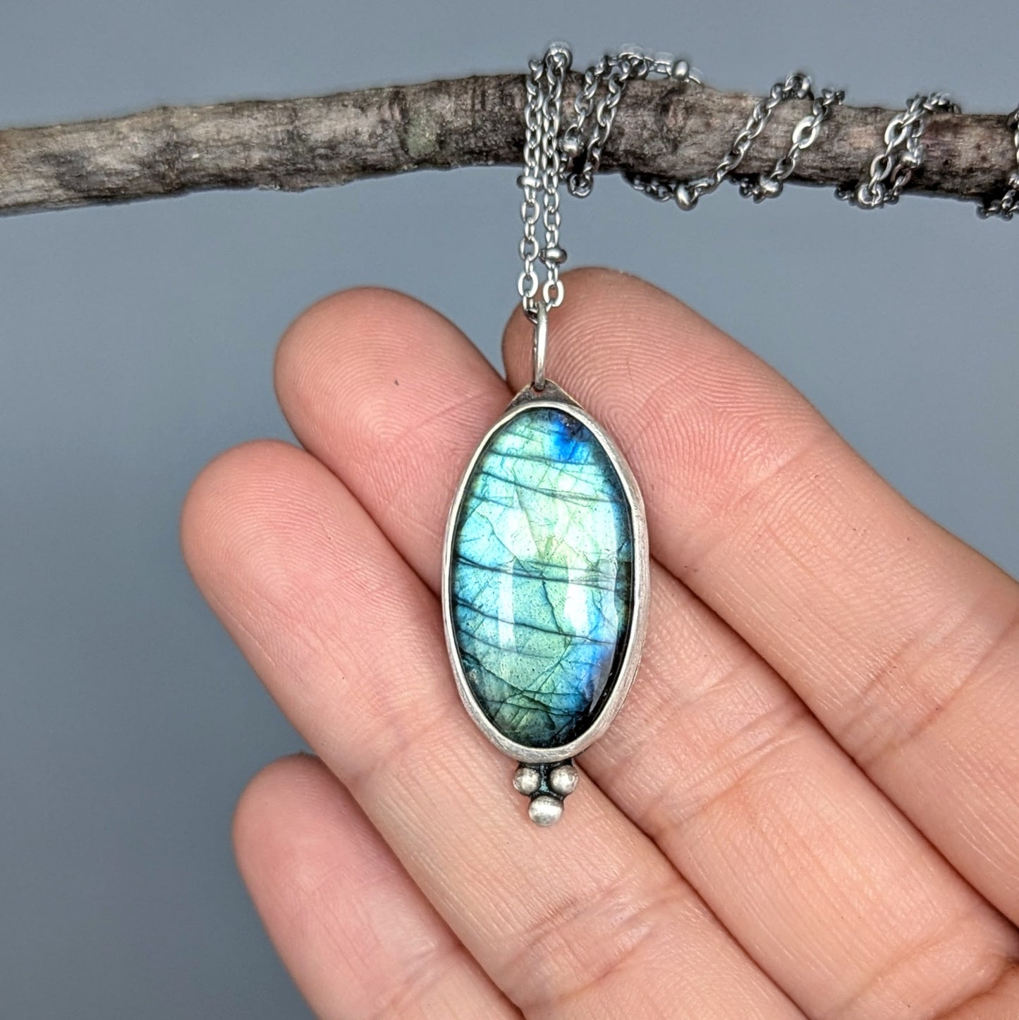 Floral Mixed Metal Flashy Aqua Labradorite Necklace
