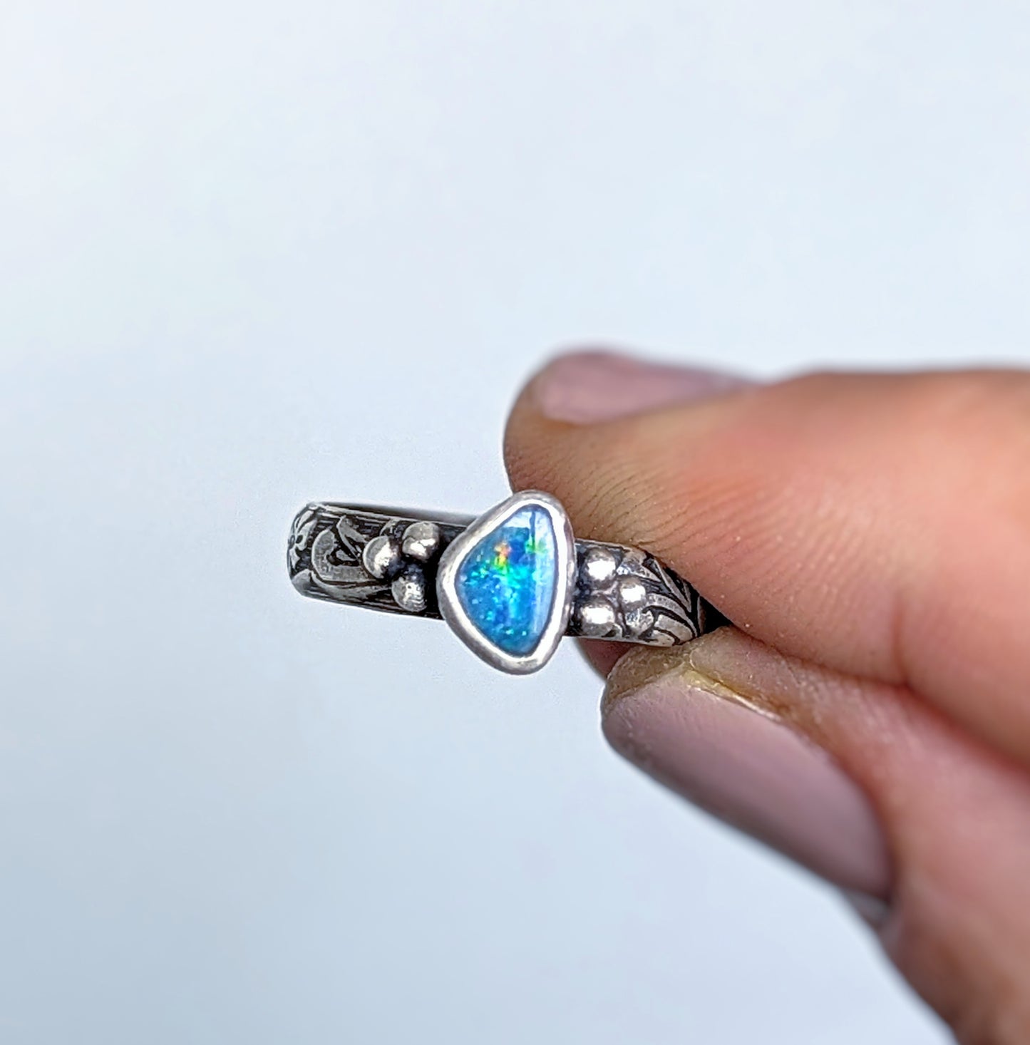 Dainty Australian Opal Sterling Silver Ring, size 7.5