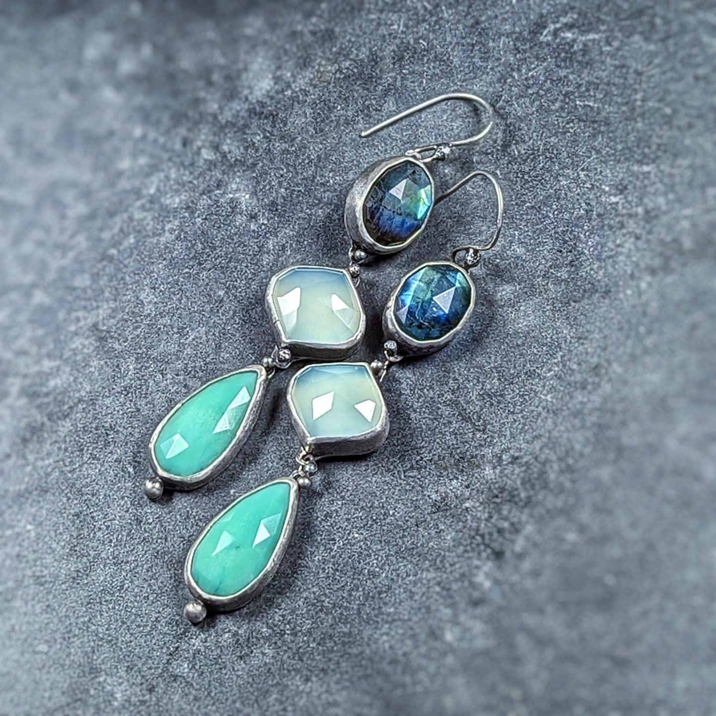 Fata Morgana: Sterling Silver and Gemstone Artisan Cascade Earrings with Labradorite, Chrysoprase, and Chalcedony