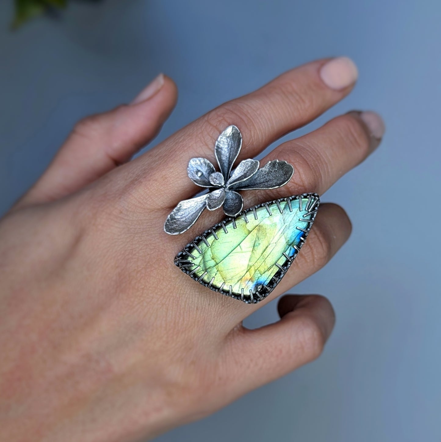 Gemmaflora Maxima: Green Labradorite and Sterling Silver Cast Succulent Artisan Statement Ring