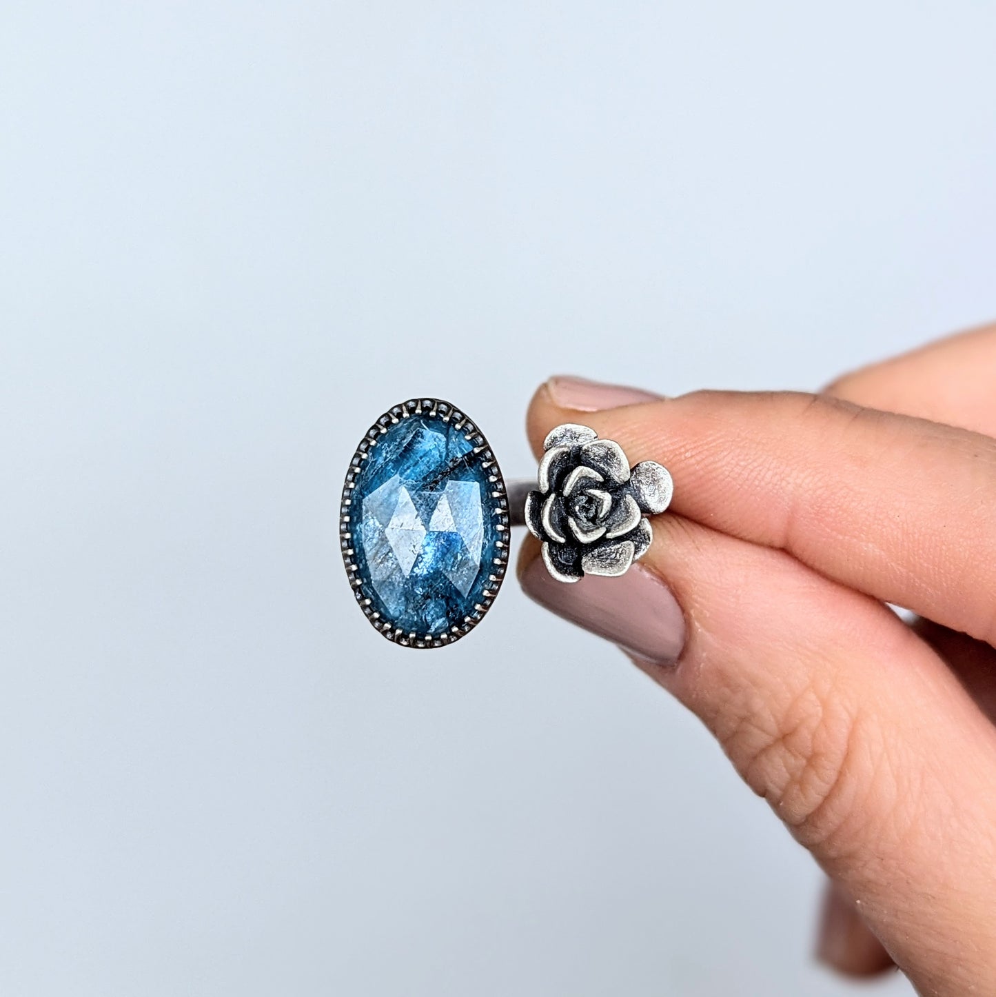 Gemmaflora Collection: Blue Kyanite and Succulent Sterling Silver Open Band Ring