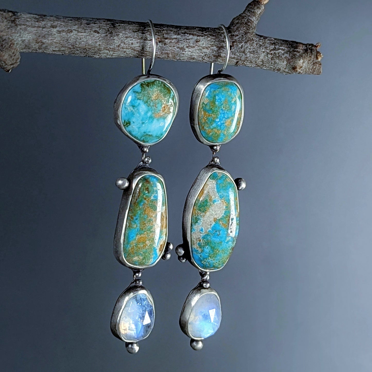 Bijoux Ensemble: One of a Kind Royston Turquoise and Blue Moonstone Artisan Cascade Earrings