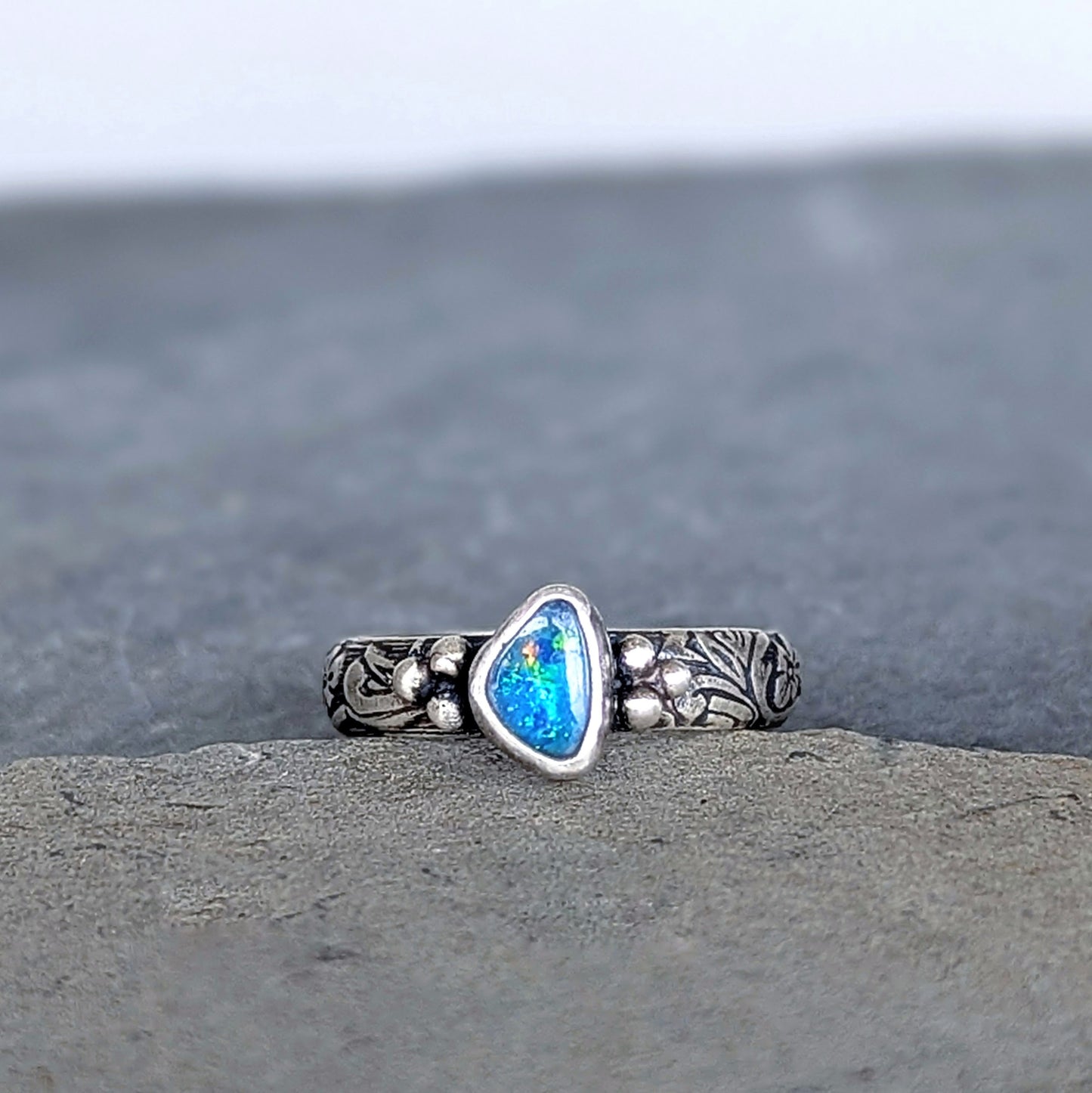 Dainty Australian Opal Sterling Silver Ring, size 7.5