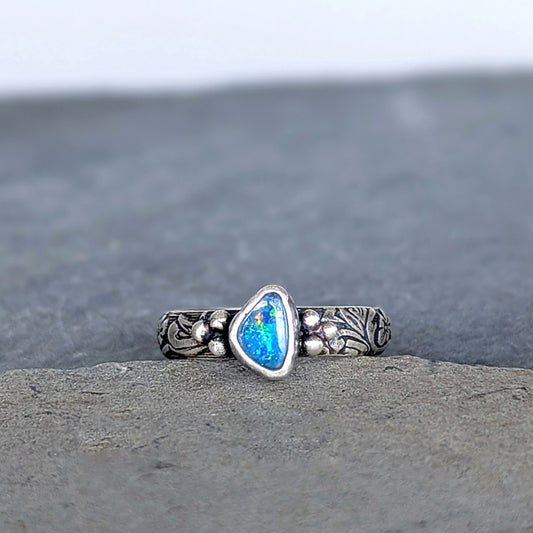 Dainty Australian Opal Sterling Silver Ring, size 7.5