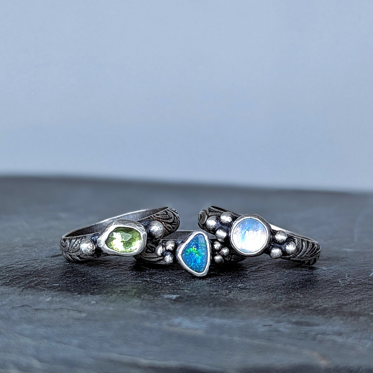 Dainty Faceted Peridot Sterling Silver Artisan Ring, size 8