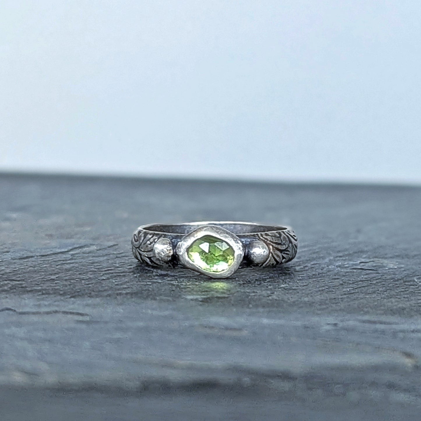 Dainty Faceted Peridot Sterling Silver Artisan Ring, size 8
