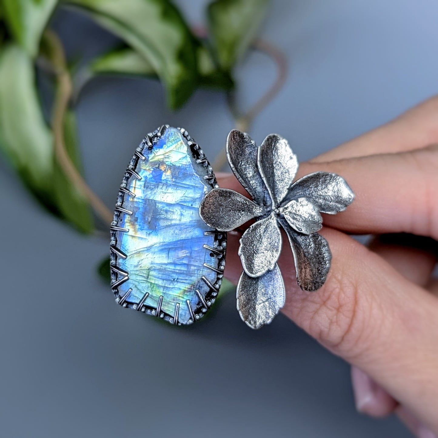 Gemmaflora Maxima: Rough Blue Moonstone Sterling Silver Cast Succulent Artisan Statement Ring