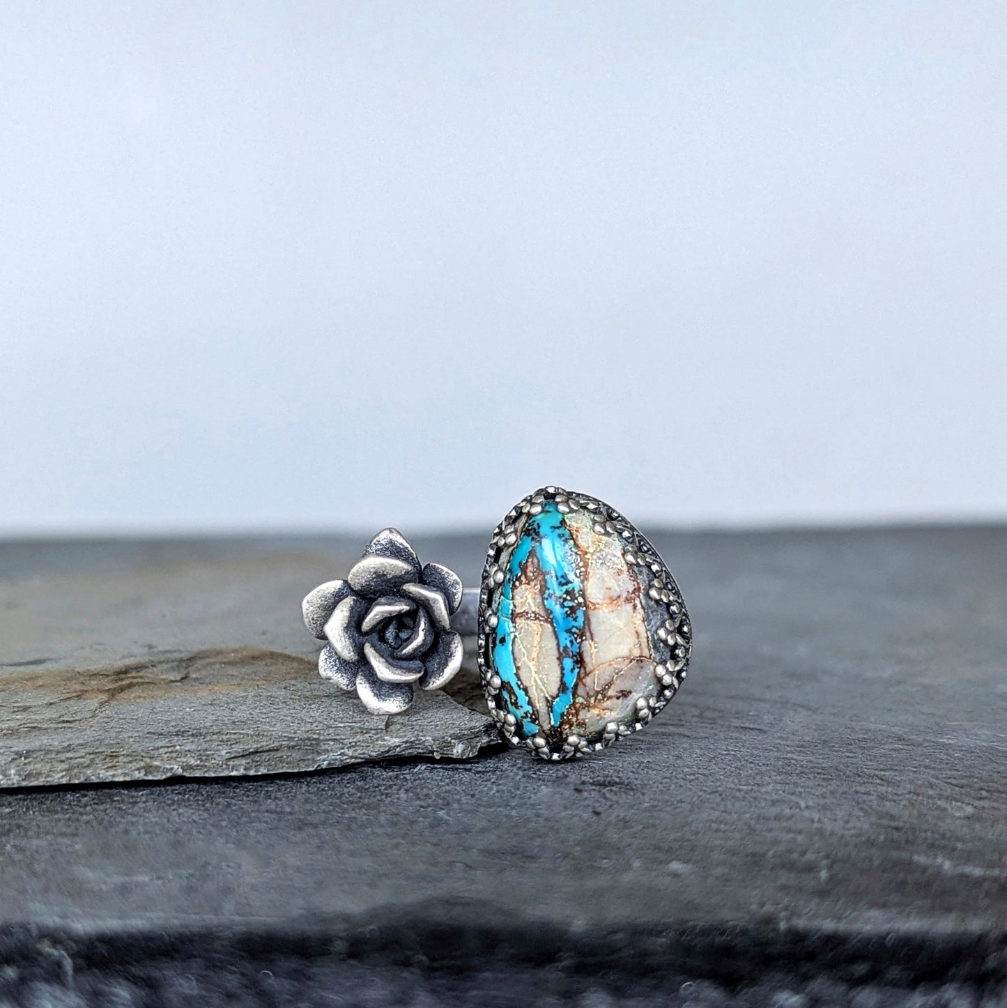 Gemmaflora Collection: Royston Turquoise and Succulent Sterling Silver Open Band Ring