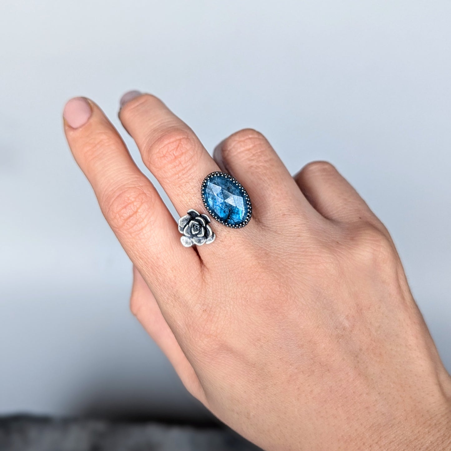 Gemmaflora Collection: Blue Kyanite and Succulent Sterling Silver Open Band Ring