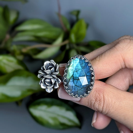 Gemmaflora Maxima- Deep Aqua Labradorite and Solid Cast Sterling Silver Double Succulent Artisan Statement Ring