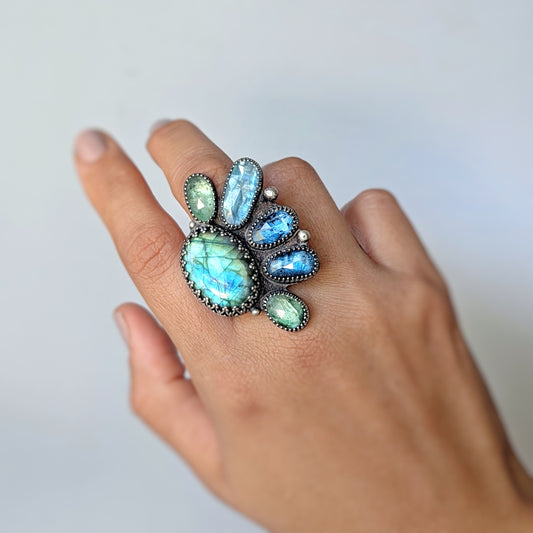 Solaris Ring; Labradorite and Kyanite Mixed Metal Statement Ring