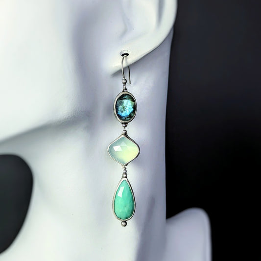 Fata Morgana: Sterling Silver and Gemstone Artisan Cascade Earrings with Labradorite, Chrysoprase, and Chalcedony