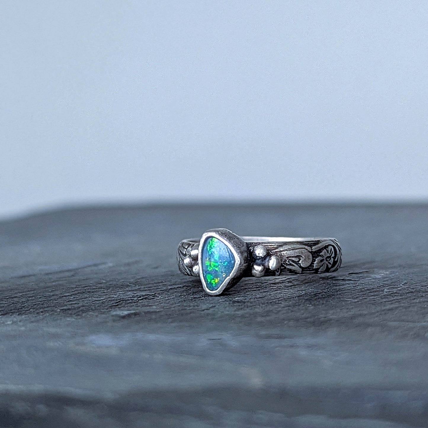 Dainty Australian Opal Sterling Silver Ring, size 7.5