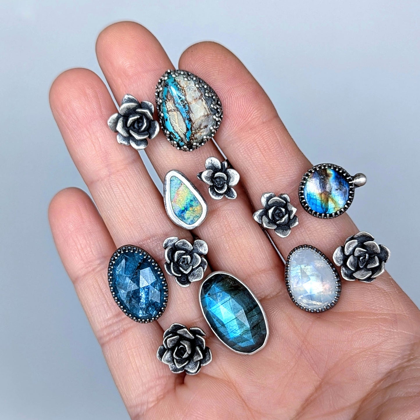 Gemmaflora Collection: Rainbow Moonstone and Cast Succulent Sterling Silver Open Band Ring