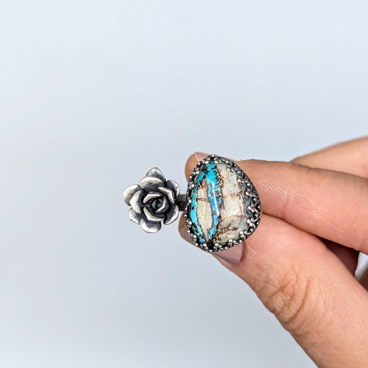 Gemmaflora Collection: Royston Turquoise and Succulent Sterling Silver Open Band Ring
