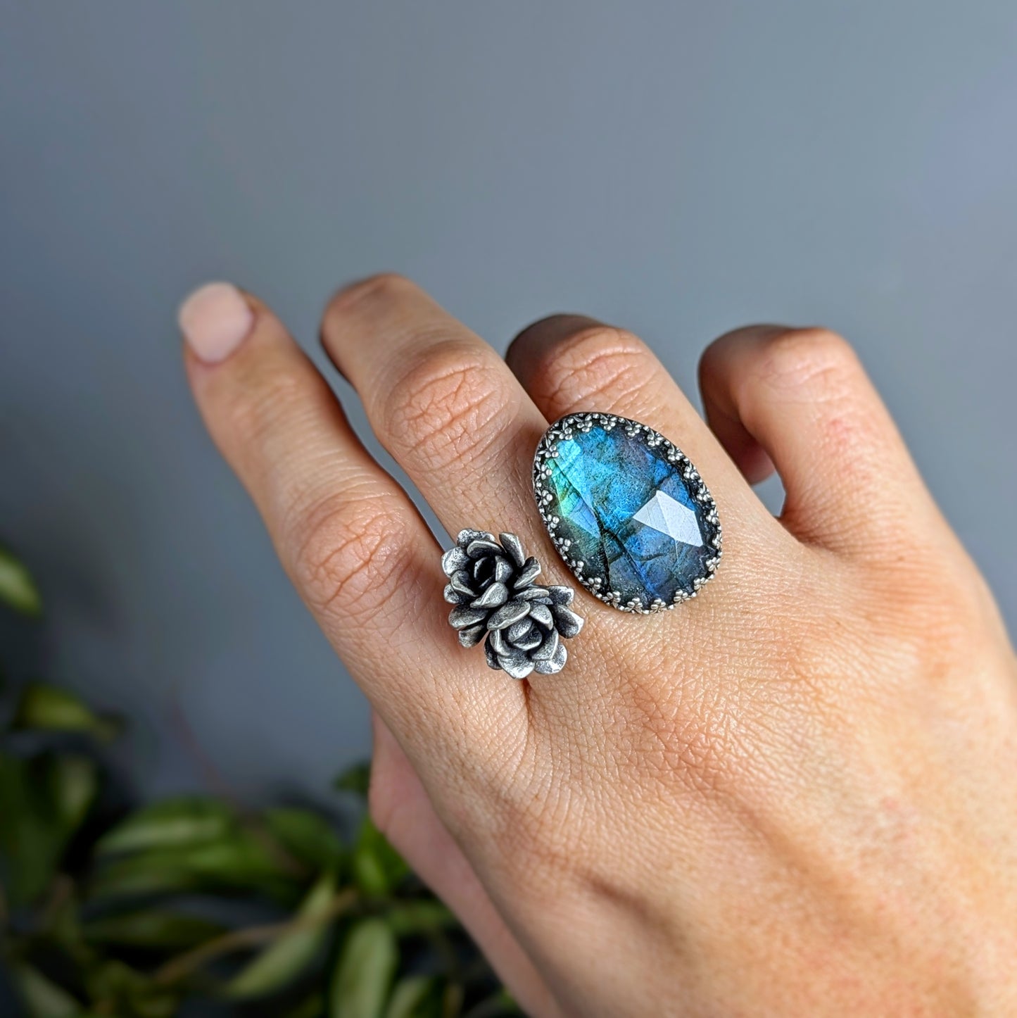 Gemmaflora Maxima- Deep Aqua Labradorite and Solid Cast Sterling Silver Double Succulent Artisan Statement Ring