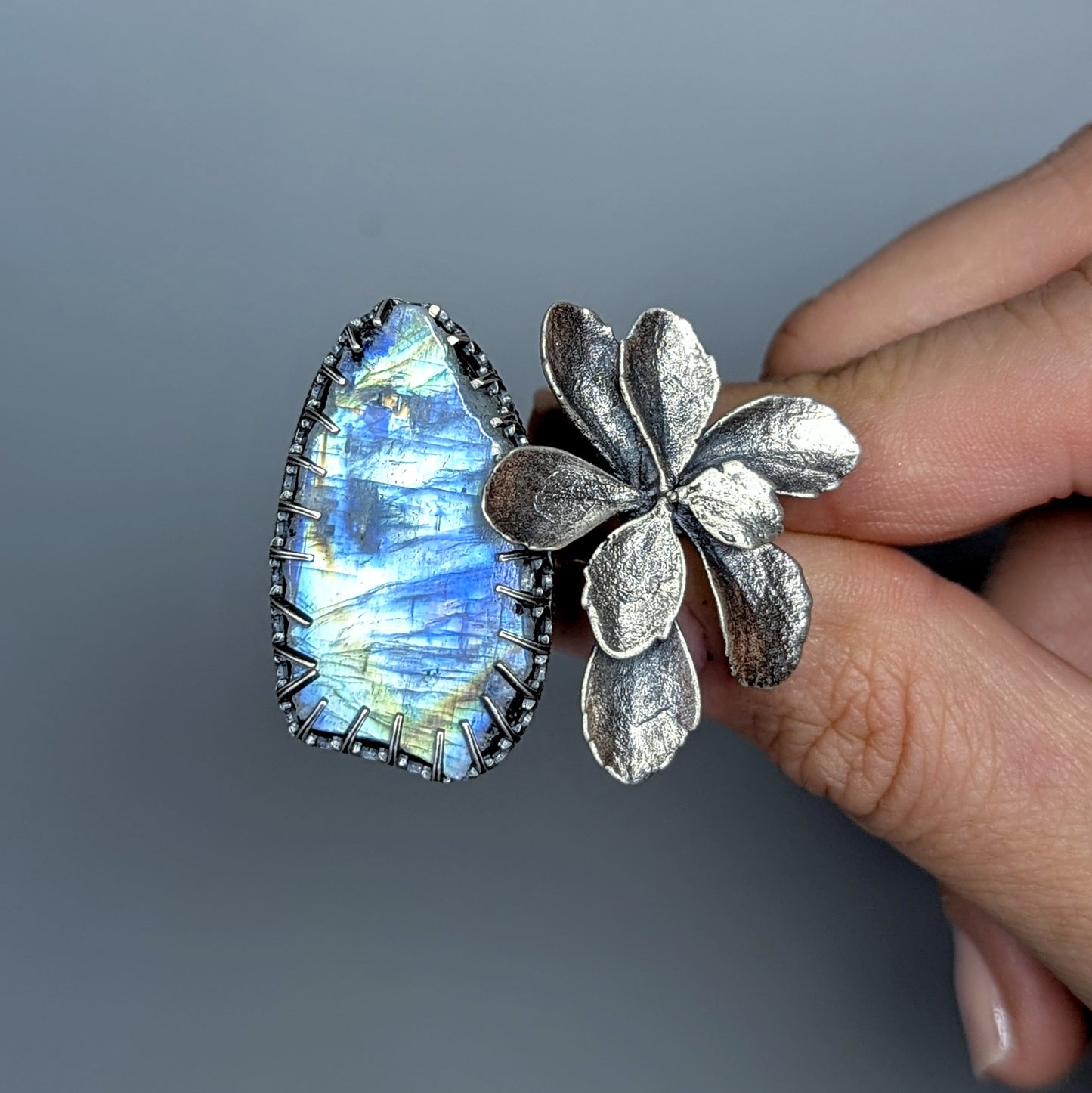 Gemmaflora Maxima: Rough Blue Moonstone Sterling Silver Cast Succulent Artisan Statement Ring