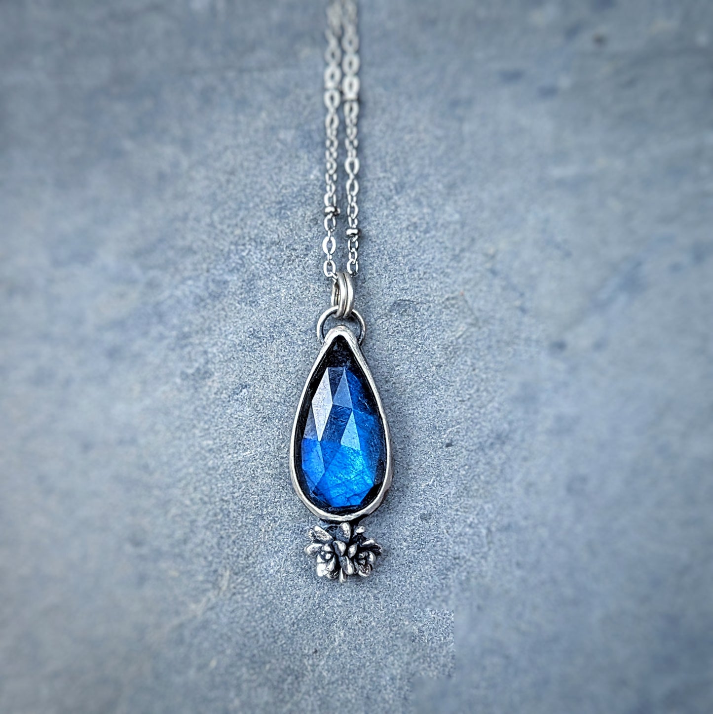 "Midnight Bloom": Labradorite and cast sterling silver succulent artisan necklace
